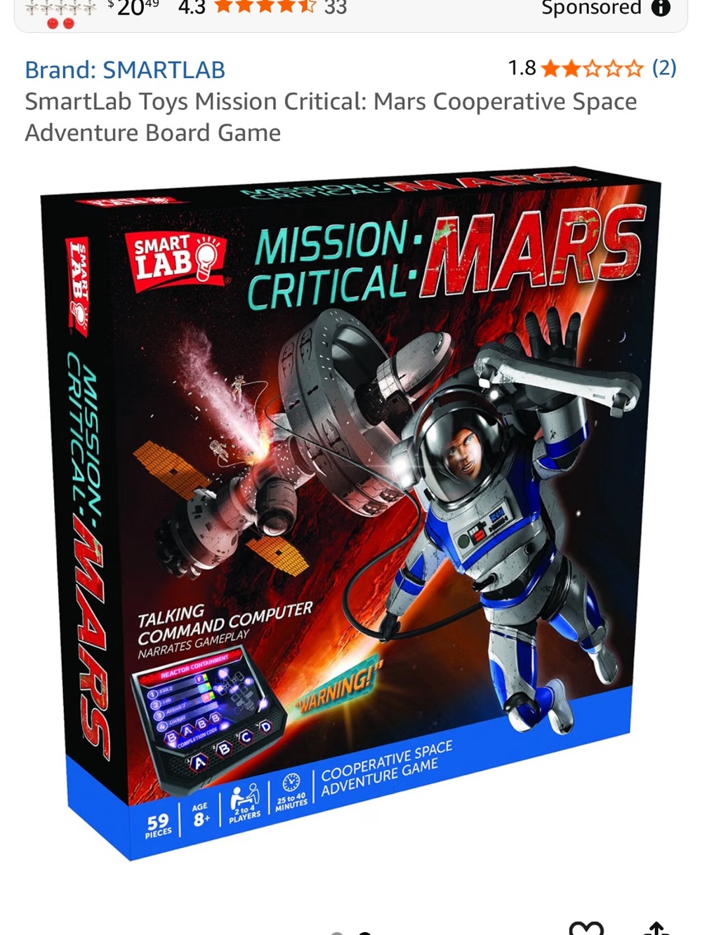 SmartLab Mission: Critical - Mars Board Game, Red & Blue Box